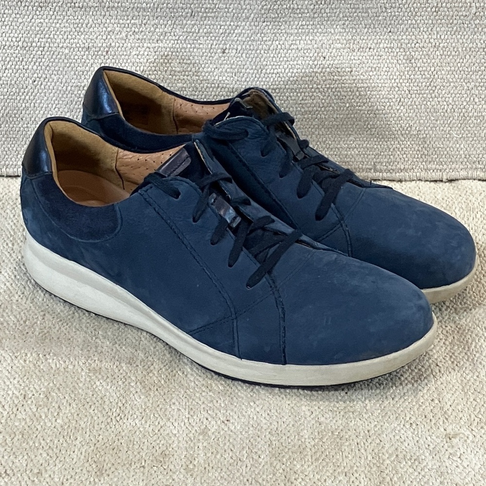 wm’s size 11 Clarks unstructured Dark Blue suede / leather Sneakers cushy soles - Picture 1 of 15